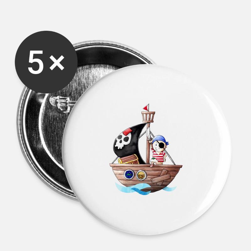 Kleiner Pirat mit seinem Schiff - Buttons groß 56 mm (5er Pack) - Weiß