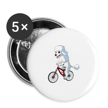 Hund Pudel auf einem Fahrrad - Buttons groß 56 mm (5er Pack) - Weiß - Vorne