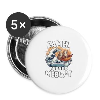 Kawaii Neko und Kanagawa-Welle für Ramen Fans - Buttons groß 56 mm (5er Pack) - Weiß - Vorne