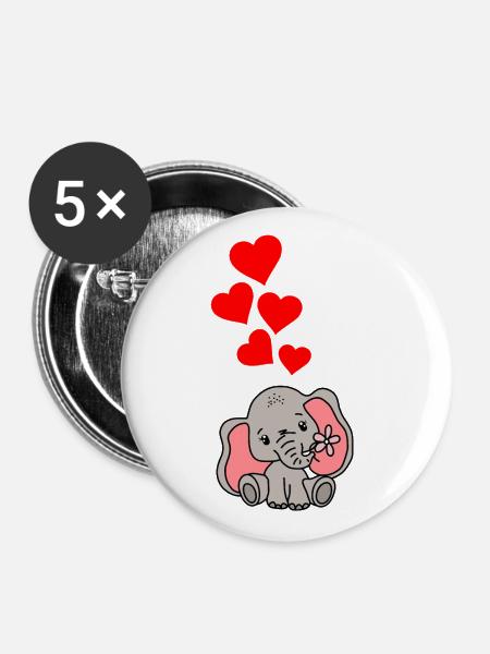 Elefant Herz Liebe - Buttons groß 56 mm (5er Pack) - Weiß