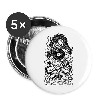 DJ Shirt: Techno Tiger & Drache im Vinyl Duell - Buttons groß 56 mm (5er Pack) - Weiß - Vorne