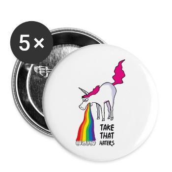 Einhorn kotzt Regenbogen - haters - Buttons groß 56 mm (5er Pack) - Weiß - Vorne
