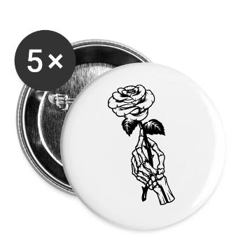 Rose in einer Hand, Illustration, Skelett-Hand - Buttons groß 56 mm (5er Pack) - Weiß - Vorne