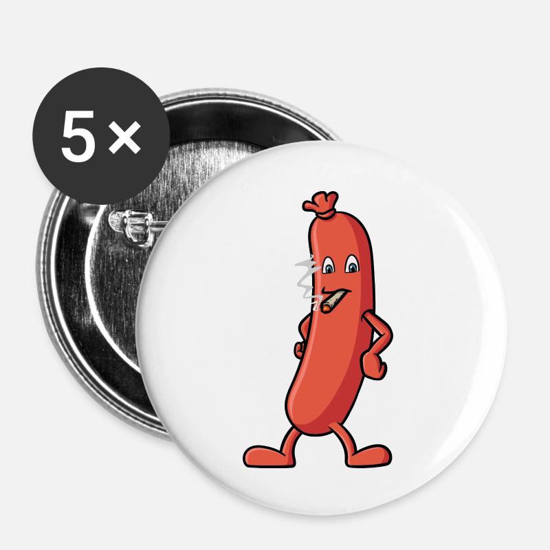 Wurst die eine Zigarette raucht - Grill Design - Buttons groß 56 mm (5er Pack) - Weiß