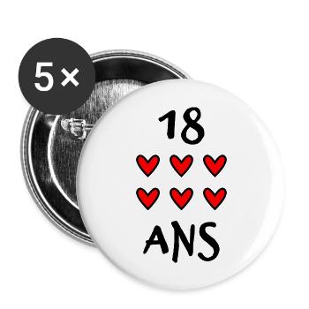 18 ANS. 18e ANNIVERSAIRE. ANNIVERSAIRE 18 ANS.18 - Lot de 5 grands badges (56 mm) - blanc - Devant