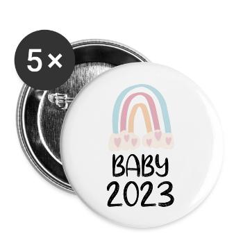 Baby 2023 Süßer Regenbogen mit Herzen - Buttons groß 56 mm (5er Pack) - Weiß - Vorne