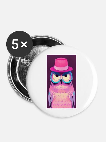 Eule mit Hut - Buttons groß 56 mm (5er Pack) - Weiß