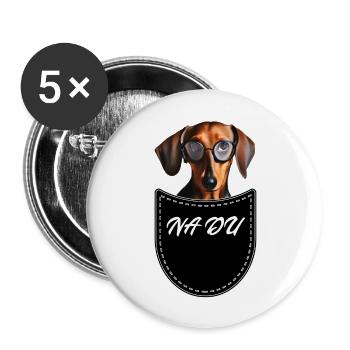 Dackel in Pocket Brusttasche Na du - Buttons groß 56 mm (5er Pack) - Weiß - Vorne