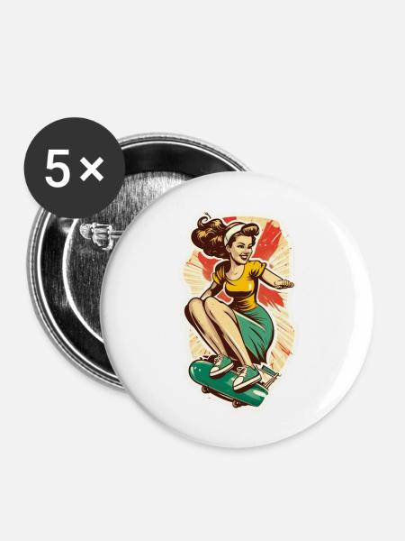 Skater-Mädchen - Buttons groß 56 mm (5er Pack) - Weiß