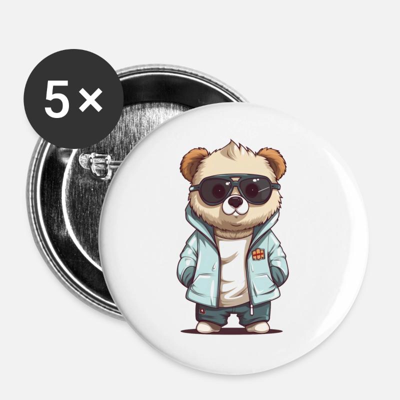 Sunglass Panda in cooler Jacke - Buttons groß 56 mm (5er Pack) - Weiß