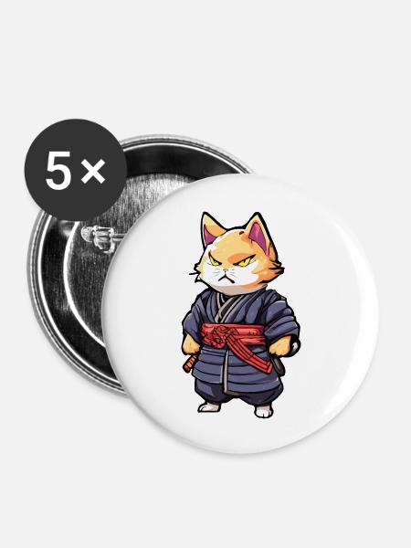 Samurai-Katze #6 - Buttons groß 56 mm (5er Pack) - Weiß