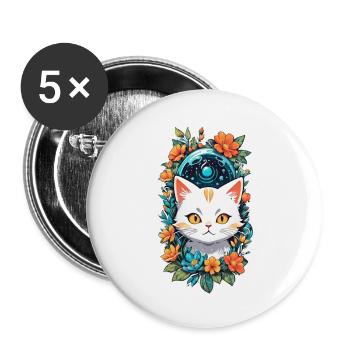 Katze und Blume Aquarell - Buttons groß 56 mm (5er Pack) - Weiß - Vorne