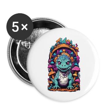 Psychedelic Pilze mit Dinosaurier Fantasiewelt - Buttons groß 56 mm (5er Pack) - Weiß - Vorne