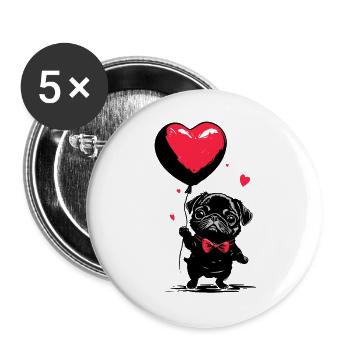 Mops mit Herz Luftballon - Heartful Creatures - Buttons groß 56 mm (5er Pack) - Weiß - Vorne
