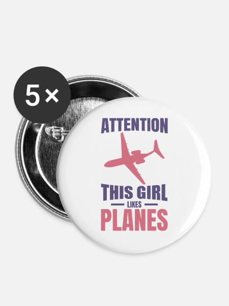 Flugzeug Mädchen - Buttons groß 56 mm (5er Pack) - Weiß