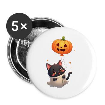 Halloween Katze mit Halloween Kürbis - Buttons groß 56 mm (5er Pack) - Weiß - Vorne