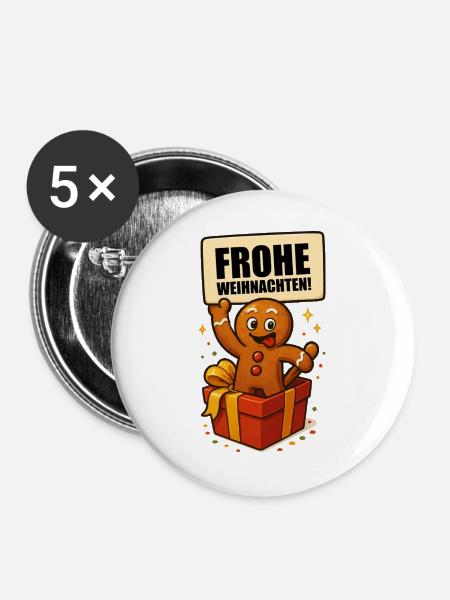 Lebkuchenmann Frohe Weihnachten - Buttons groß 56 mm (5er Pack) - Weiß
