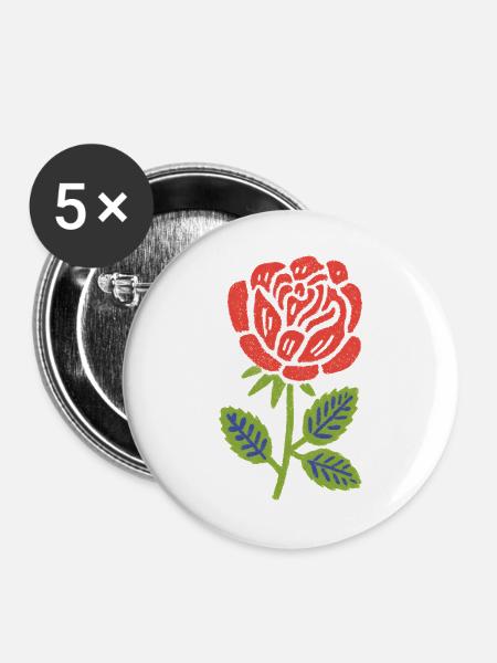 Rote Rose Grafik mit Blättern - Buttons groß 56 mm (5er Pack) - Weiß