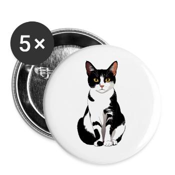 schöne Schwarz Weiß Katze sitzt frontal Grafik - Buttons groß 56 mm (5er Pack) - Weiß - Vorne