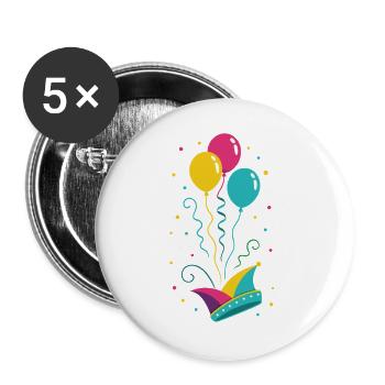 Karneval Narrenkappe mit Ballons & Konfetti - Buttons groß 56 mm (5er Pack) - Weiß - Vorne