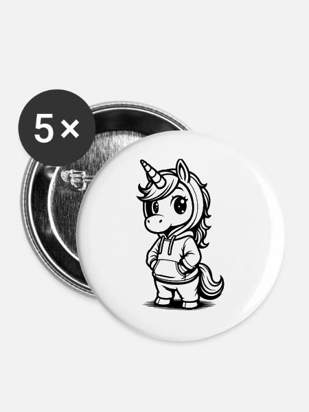 Chibi-Einhorn im Hoodie - Buttons groß 56 mm (5er Pack) - Weiß