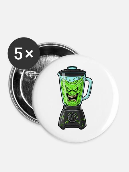 Grüner Slime-Blender mit Monstergesicht - Buttons groß 56 mm (5er Pack) - Weiß