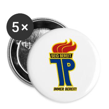 JP - Junge Pioniere immer bereit (mehrfarbig) - Buttons groß 56 mm (5er Pack) - Weiß - Vorne