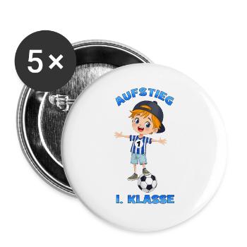 Aufstieg 1. Klasse Fußball Junge Einschulung 2026 - Buttons groß 56 mm (5er Pack) - Weiß - Vorne
