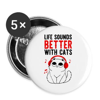 Cute cat with headphones music lover - Buttons large 2.2''/56 mm (5-pack) - white - Front