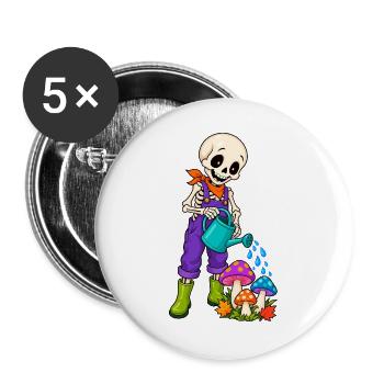 Skelett Gärtner im Pilzgarten - Buttons groß 56 mm (5er Pack) - Weiß - Vorne