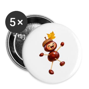 Fröhliche Kastanienfigur mit Eichelhut  - Buttons groß 56 mm (5er Pack) - Weiß - Vorne