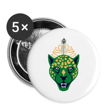 Grüner Leopard mit Feder - Buttons groß 56 mm (5er Pack) - Weiß - Vorne