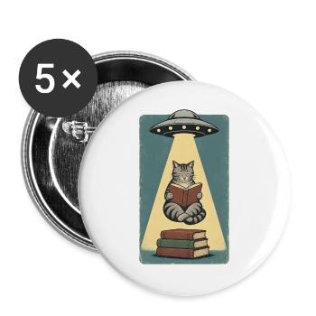 Lesende Katze im UFO Strahl - Buttons groß 56 mm (5er Pack) - Weiß - Vorne