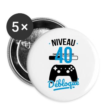 Anniversaire 40 ans - Niveau 40 débloqué - Gamer - Lot de 5 grands badges (56 mm) - blanc - Devant