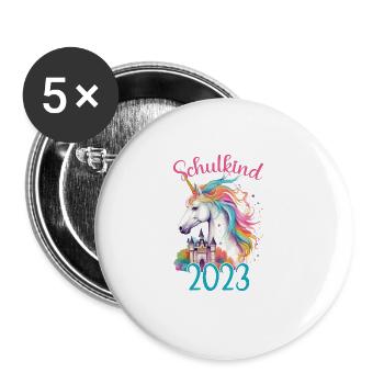 Schulkind 2023 Einschulung Einhorn Schule Schüler - Buttons groß 56 mm (5er Pack) - Weiß - Vorne