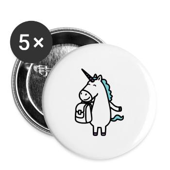 Fröhliches Einhorn zur Einschulung mit Ranzen - Buttons groß 56 mm (5er Pack) - Weiß - Vorne