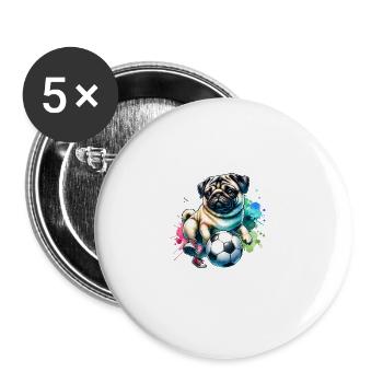 Niedlicher Mops Hund Fußballspieler Ball Champion - Buttons groß 56 mm (5er Pack) - Weiß - Vorne