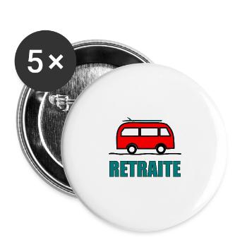 RUHESTAND. GLÜCKLICHER RUHESTAND. GLÜCKLICHER RUHESTAND - Buttons groß 56 mm (5er Pack) - Weiß - Vorne