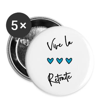 RETRAITE. BONNE RETRAITE. JOYEUSE RETRAITE - Lot de 5 grands badges (56 mm) - blanc - Devant
