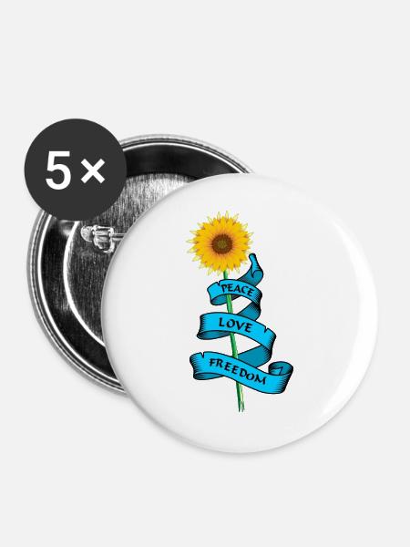 SonnenblumeFrieden Liebe Freiheit - Buttons groß 56 mm (5er Pack) - Weiß