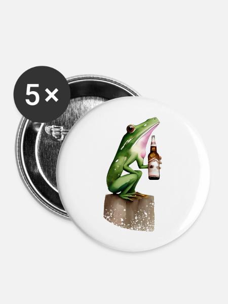 Frosch mit Bier - Buttons groß 56 mm (5er Pack) - Weiß