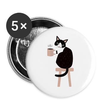 Kaffeepause Katze - Buttons groß 56 mm (5er Pack) - Weiß - Vorne