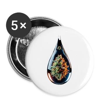 Cannabisbud im Glastropfen - Hanf - Weed - Buttons groß 56 mm (5er Pack) - Weiß - Vorne