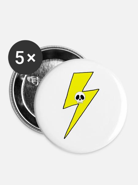 Gelber Blitz mit weißem Totenkopf - Buttons groß 56 mm (5er Pack) - Weiß