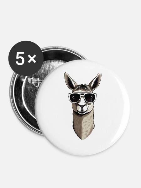 Lama mit Sonnenbrille - Buttons groß 56 mm (5er Pack) - Weiß