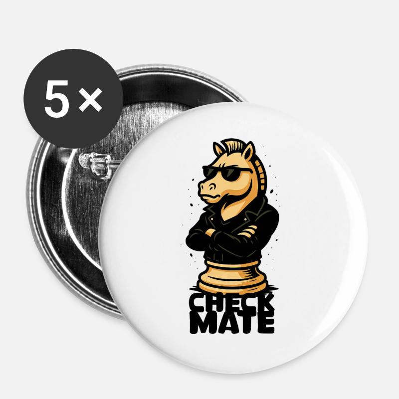 Cooler Schach-Reiter im Lederjacken-Style - Buttons groß 56 mm (5er Pack) - Weiß