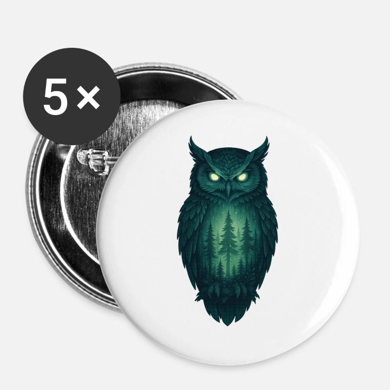Eule im Wald bei Nacht - Buttons groß 56 mm (5er Pack) - Weiß
