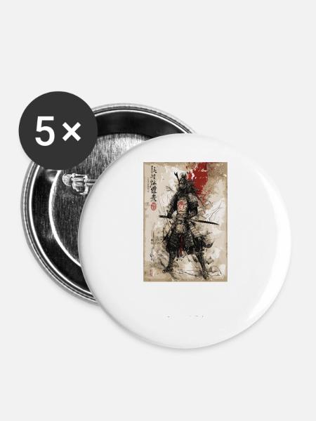 Samurai-Krieger in traditioneller Rüstung - Buttons groß 56 mm (5er Pack) - Weiß