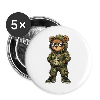 Ours en peluche camouflage avec chaîne en or - Lot de 5 grands badges (56 mm) - blanc - Devant