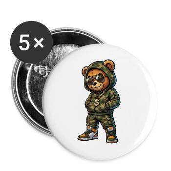 Camouflage-Bär mit Hoodie und Dollar-Anhänger - Buttons groß 56 mm (5er Pack) - Weiß - Vorne